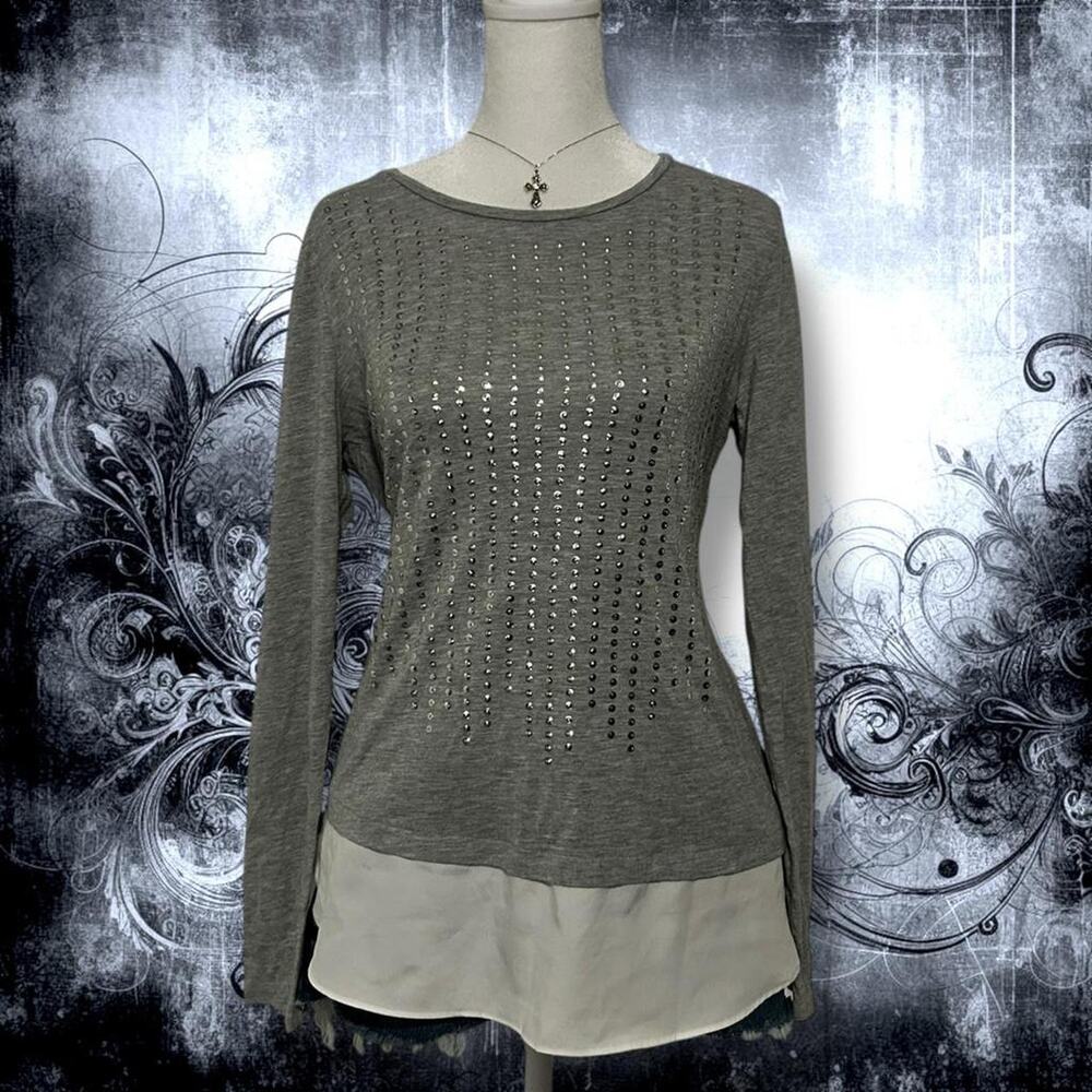 white layered hem cascading sequin heather grey light top
